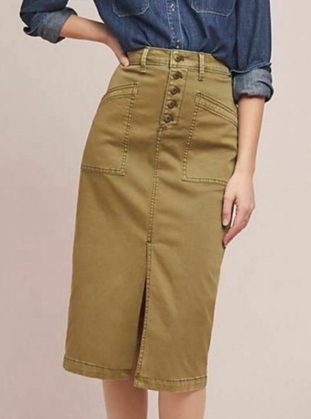 Anthropologie Olive Green Midi Skirt Size 10